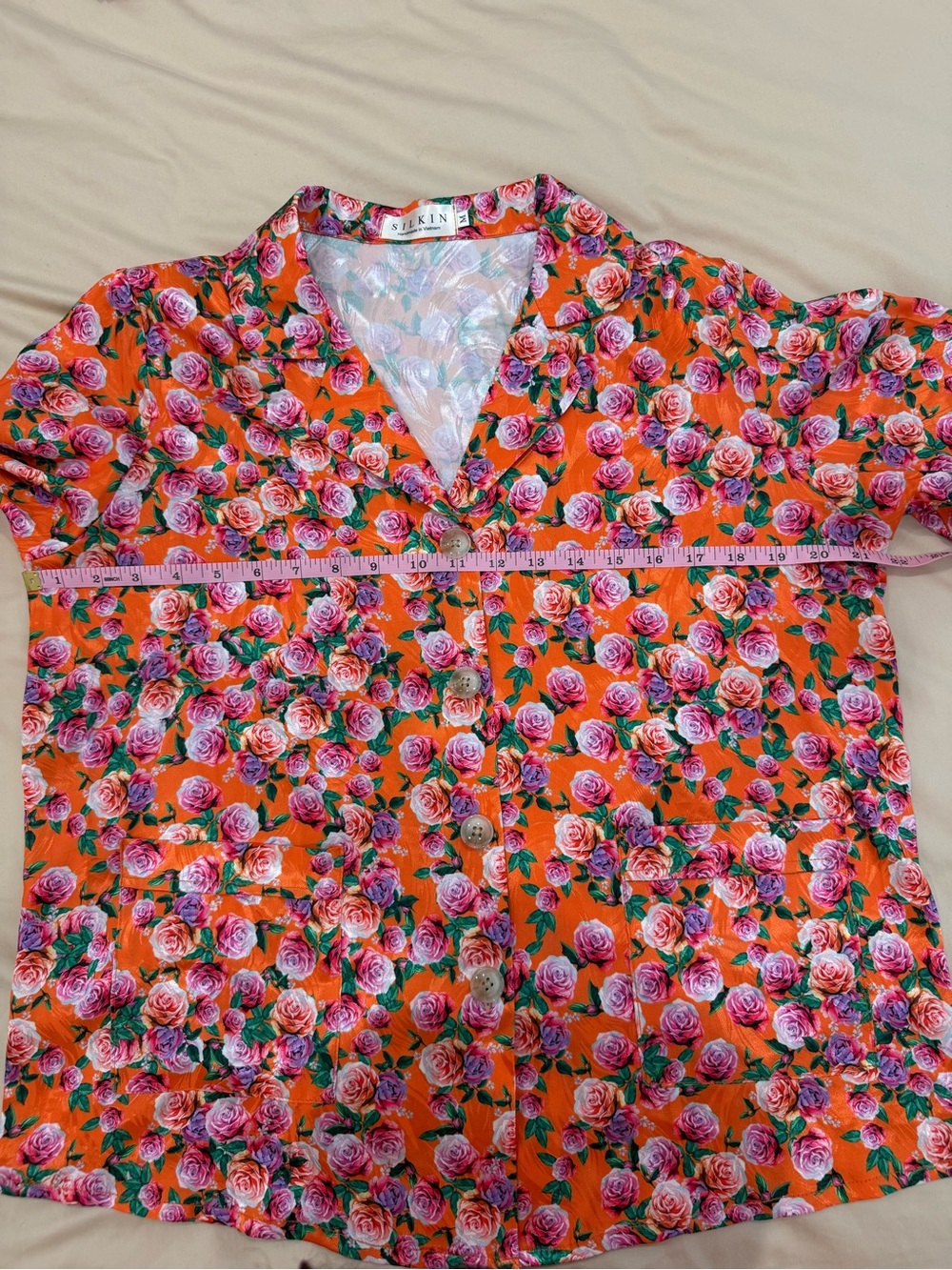 RARE Washable Silk Floral Pajama Set Orange Pink Purple Roses Cottagecore luxury - Picture 2 of 9
